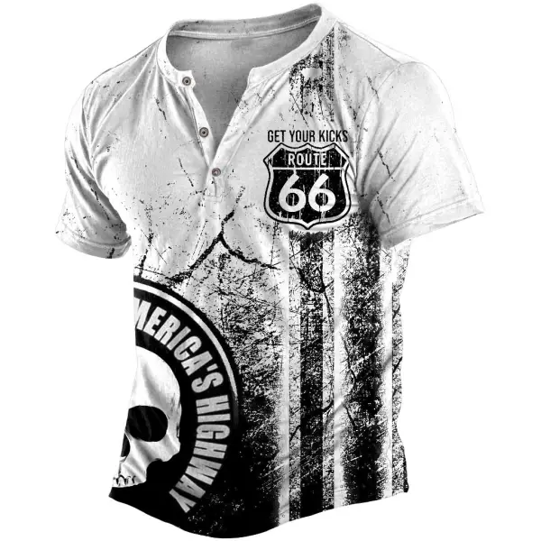 Men's Vintage Route 66 Skull Print Henley Short Sleeve T-Shirt - Wayrates.com 