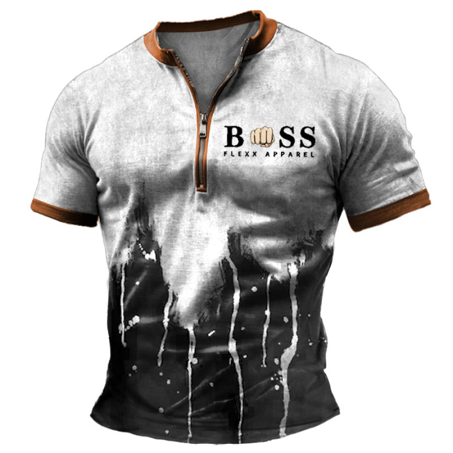 

Men's Vintage Gradient Zipper Henley Collar Short Sleeve T-Shirt