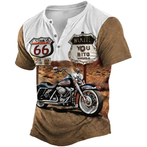 Men's Vintage Route 66 Eagle Motorcycle Color Block Print Henley Short Sleeve T-Shirt - Wayrates.com 
