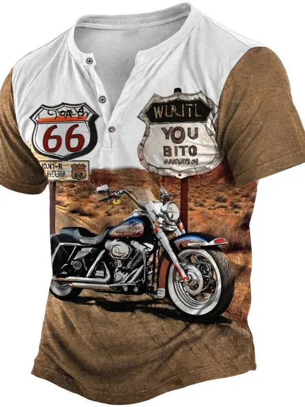 Men's Vintage Route 66 Eagle Motorcycle Color Block Print Henley Short Sleeve T-Shirt - Simplyion.com 