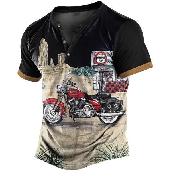 Men's Vintage Route 66 Motorcycle Print Henley Short Sleeve T-Shirt - Wayrates.com 