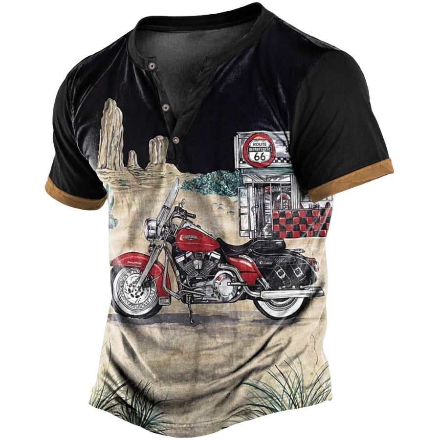 

Men's Vintage Route 66 Motorcycle Print Henley Short Sleeve T-Shirt