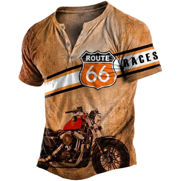 Men's Vintage Route 66 Motorcycle Races Print Henley Short Sleeve T-Shirt - Wayrates.com 