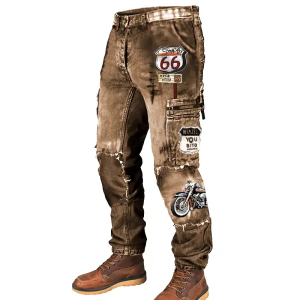 Men's Cargo Pants Route 66 Road Trip Motorcycle Vintage Distressed Utility Outdoor Pants - Rabclub.com 