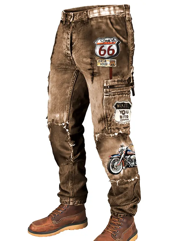 Men's Cargo Pants Route 66 Road Trip Motorcycle Vintage Distressed Utility Outdoor Pants - Menwyx.com 