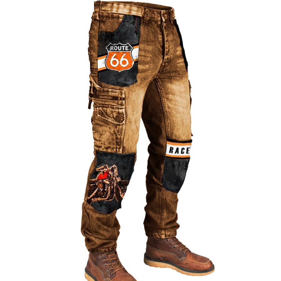 

Men's Cargo Pants Route 66 Road Trip Motorcycle Races Vintage Distressed Utility Outdoor Pants