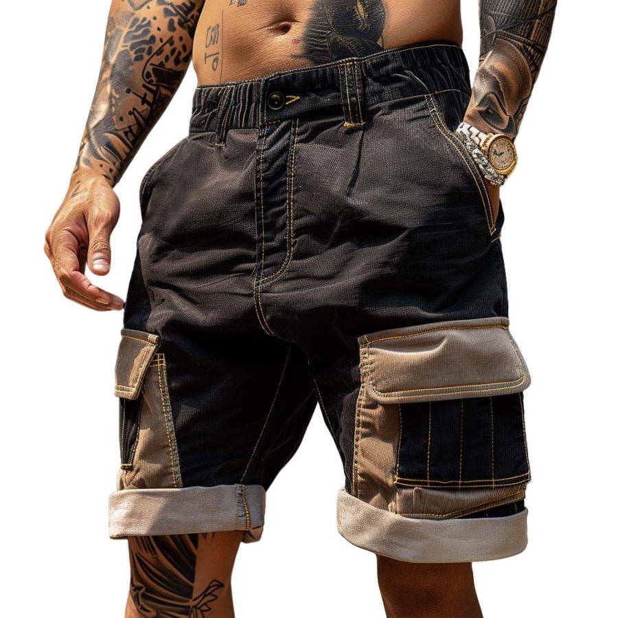 

Men's Vintage Corduroy Print Multi Pocket Color Block Cargo Shorts