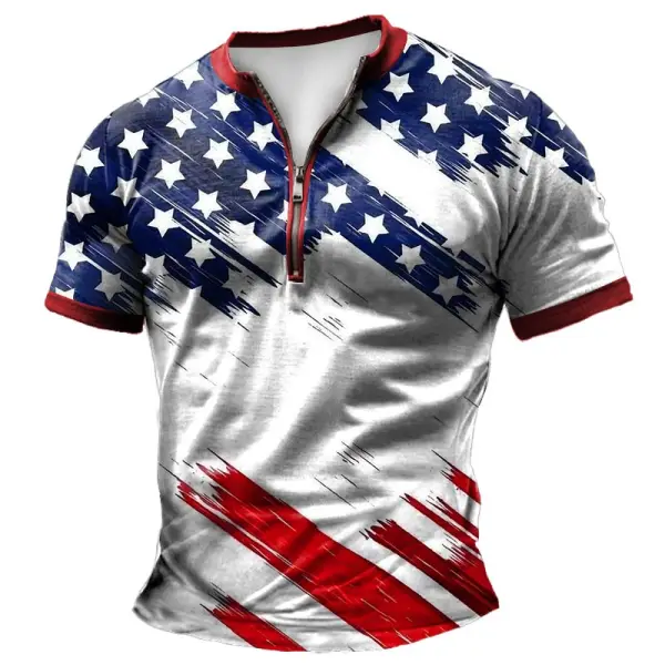 Men's Vintage American Flag Color Block Zipper Henley Collar Short Sleeve T-Shirt - Wayrates.com 