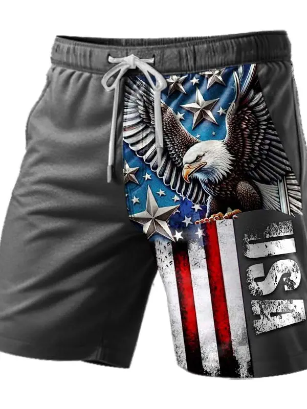 Men's American Flag Eagle Print Elastic Drawstring Shorts - Pragmaace.com 