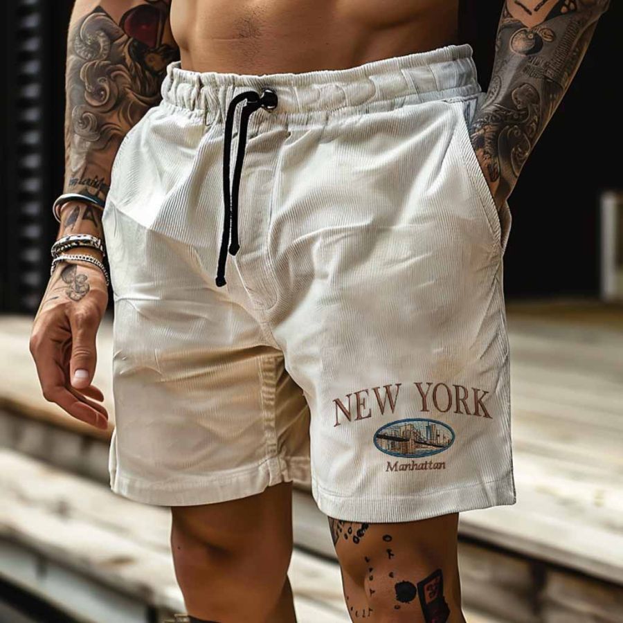 

Men's Corduroy New York Surf Shorts Vintage Beach Vacation Daily Hawaii Casual Walkshort