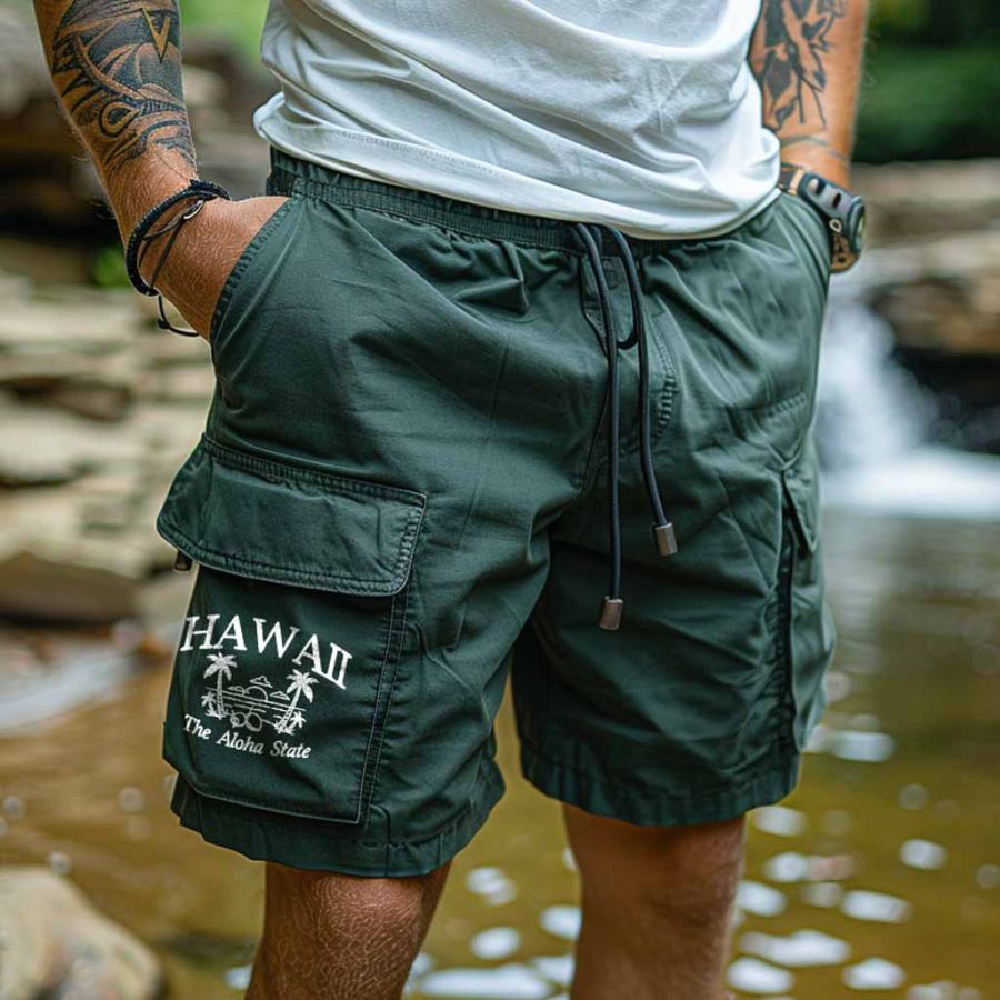 

Men's Vintage Hawaii Surf Cargo Shorts Beach Vacation Multi-Pocket Daily Casual Walkshort