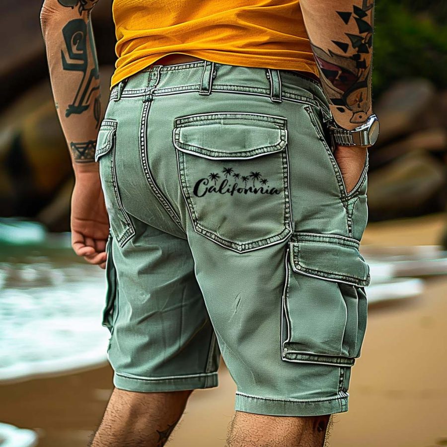 

Men's Vintage California Coconut Surf Cargo Shorts Beach Vacation Multi-Pocket Daily Hawaii Casual Walkshort