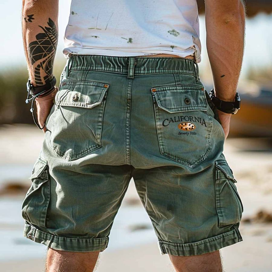 

Men's Vintage California Coconut Surf Cargo Shorts Beach Vacation Multi-Pocket Daily Hawaii Casual Walkshort