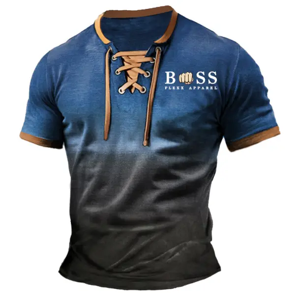 Men's Vintage Gradient Lace-Up Short Sleeve Color Block T-shirt - Cotosen.com