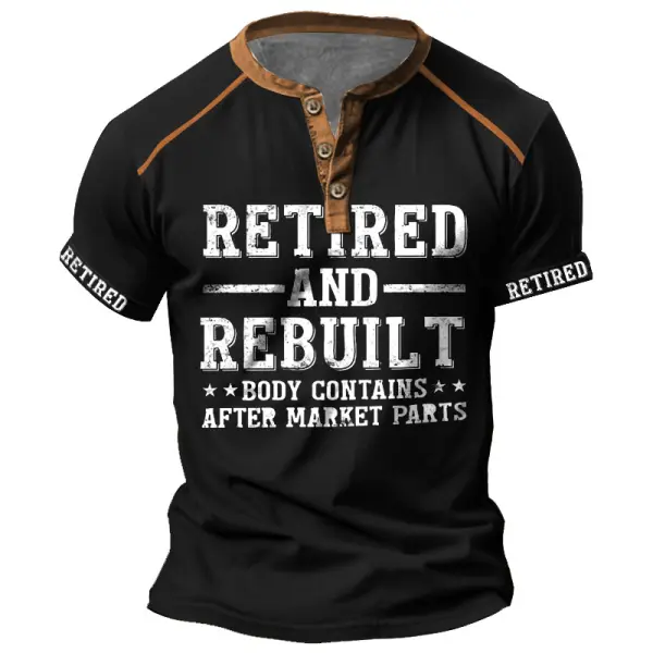 Men's Vintage Retired Rebuilt Hip Knee Replacement Parts Funny Color Block Print Henley Short Sleeve T-Shirt - Elementnice.com 