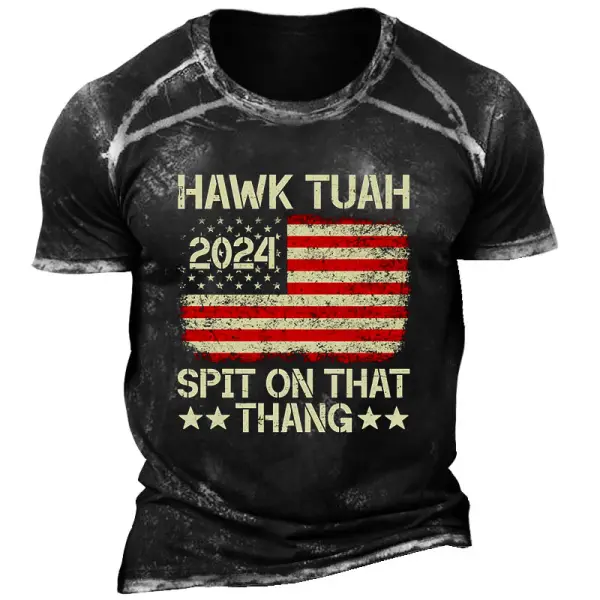 Men's Vintage Hawk Tuah 24 Spit On That Thang American Flag Print Short Sleeve Crew Neck T-shirt - Elementnice.com 