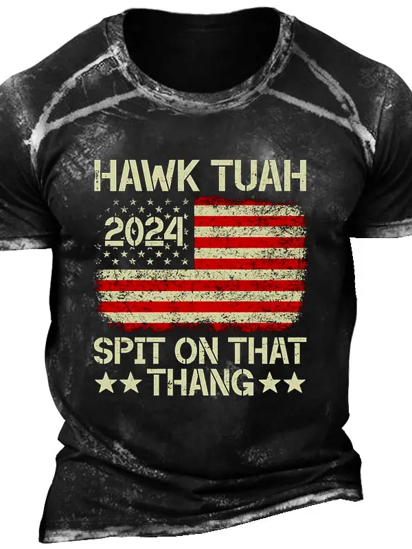 Men's Vintage Hawk Tuah 24 Spit On That Thang American Flag Print Short Sleeve Crew Neck T-shirt - Menwyx.com 