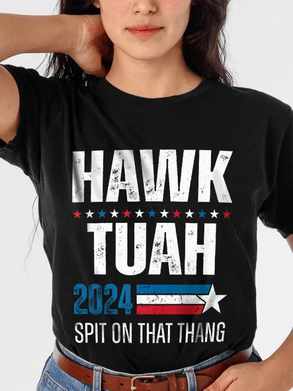 Women's Hawk Tuah 24 Spit On That Thang Print Short Sleeve Crew Neck T-Shirt - Menwyx.com 