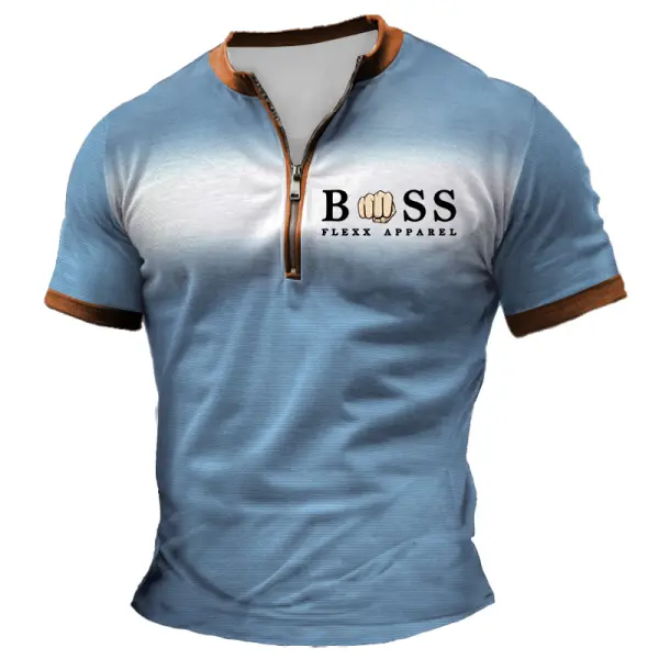 Men's Vintage Gradient Zipper Henley Collar Short Sleeve T-Shirt - Cotosen.com 