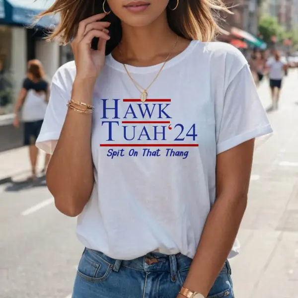 Women's Hawk Tuah 24 Spit On That Thang Print Short Sleeve Crew Neck T-Shirt - Rabclub.com 