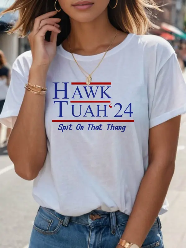 Women's Hawk Tuah 24 Spit On That Thang Print Short Sleeve Crew Neck T-Shirt - Cotonow.com 