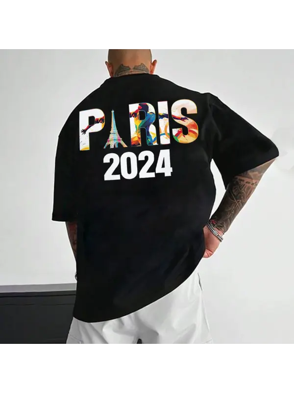 Men's Paris 2024 Print Loose Short Sleeve Oversized T-Shirt - Timetomy.com 