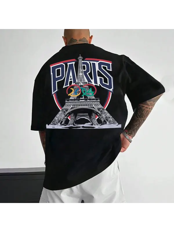 Men's Paris 2024 Print Loose Short Sleeve Oversized T-Shirt - Timetomy.com 