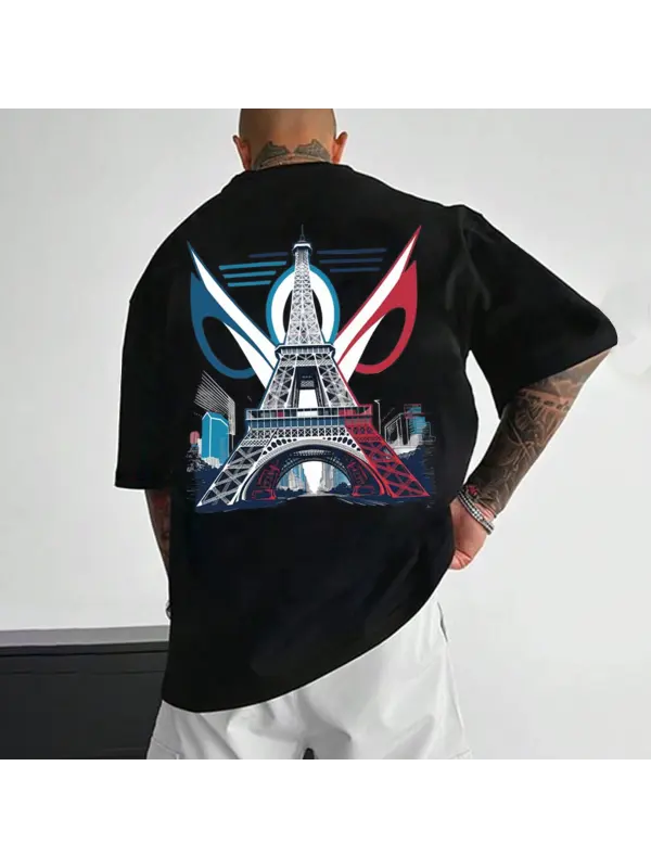 Men's Paris 2024 Print Loose Short Sleeve Oversized T-Shirt - Timetomy.com 