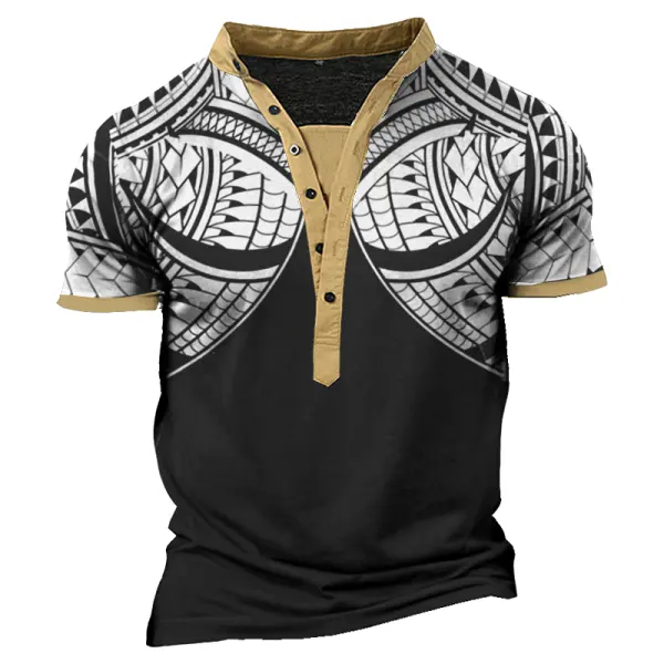 Men's American Samoa Ethnic Print Henley T-shirt Only $23.99 - Rabclub.com 