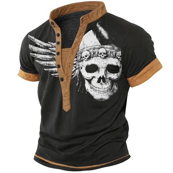 Men's Vintage Skull Print Rock Henley Neck T-Shirt - Wayrates.com 