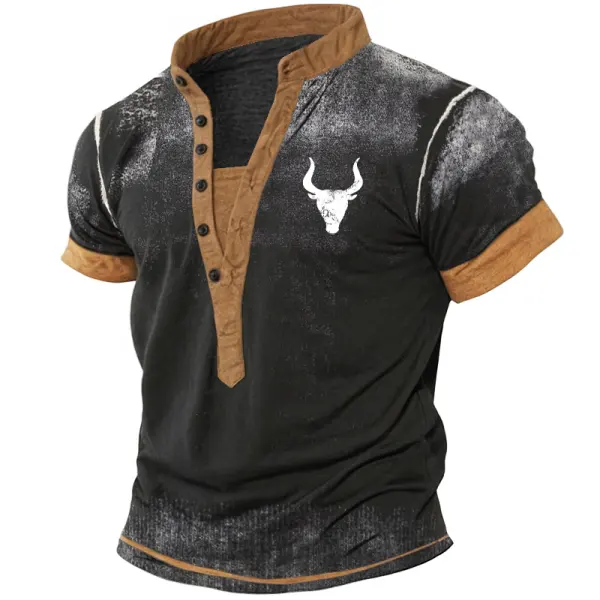 Men's Retro Gradient Color Block West Cowboys Henley T-Shirt - Wayrates.com 