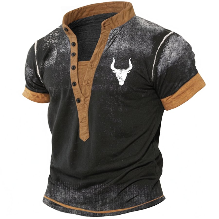 

Men's Retro Gradient Color Block West Cowboys Henley T-Shirt