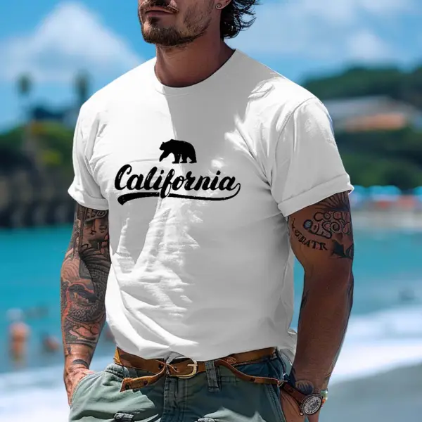 Men's Vintage 90s Surf California Bear Print Beach Crew Neck Short Sleeve T-shirt - Rabclub.com 