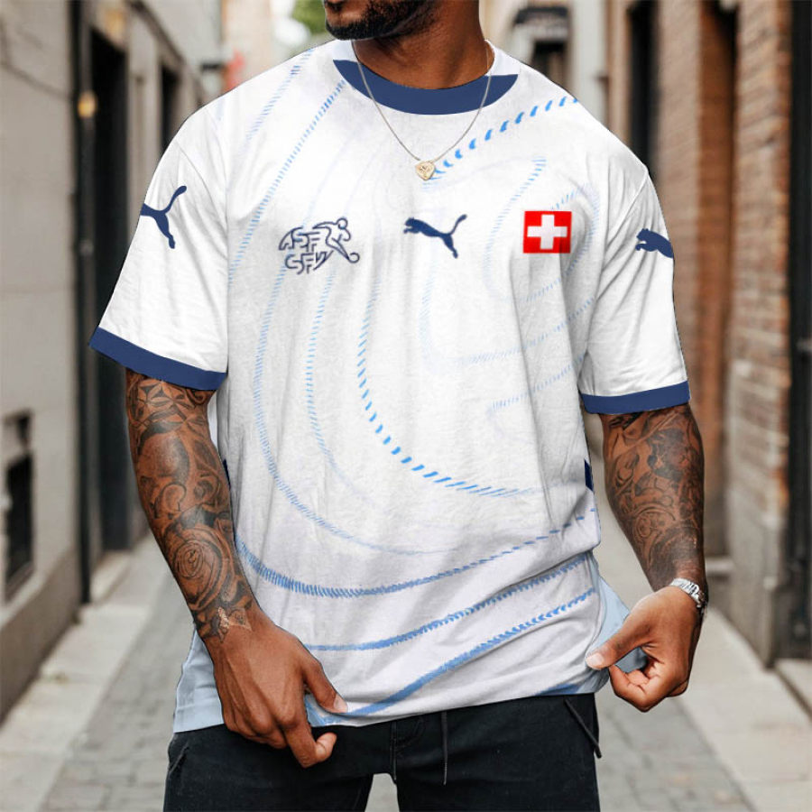 

Men's Switzerland Away Jersey Football Print Loose Short Sleeve Oversized T-Shirt