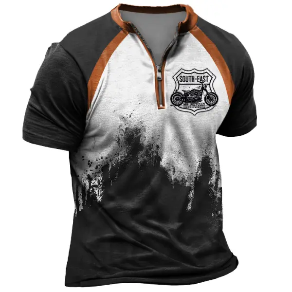 Men's Vintage Motorcycle Ink Color Block Zipper Henley Collar Short Sleeve T-Shirt Only $23.99 - Rabclub.com 