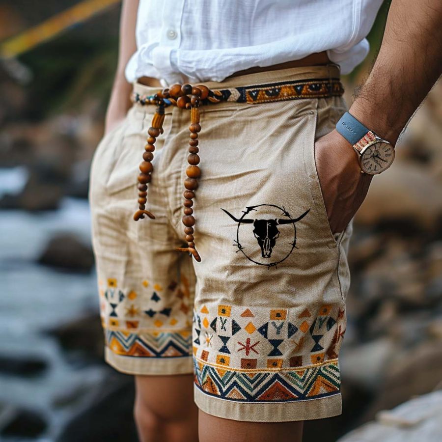 

Men's Vintage Ethnic Aztec Bull Head Skull Print Surf Shorts Beach Vacation Daily Hawaii Casual Walkshort