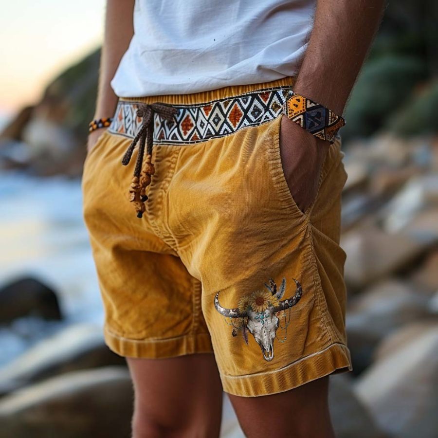 

Men's Vintage Ethnic Aztec Bull Head Skull Print Corduroy Surf Shorts Daily Hawaii Casual Walkshort