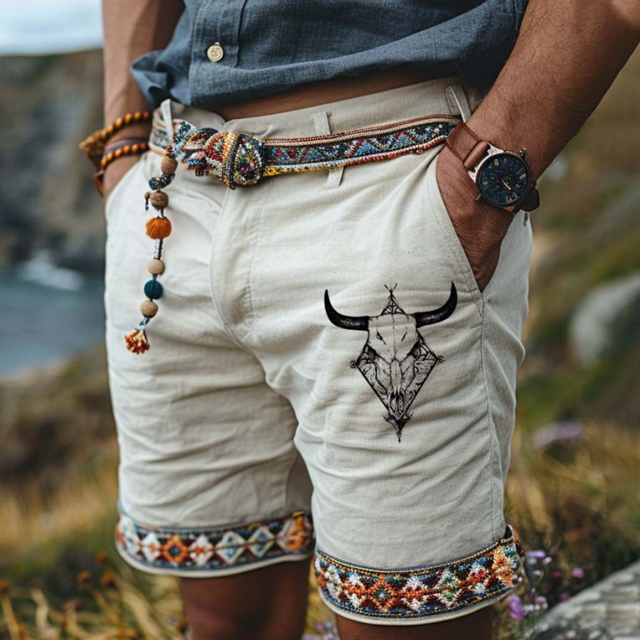 

Men's Vintage Ethnic Aztec Bull Skull Print Surf Shorts Beach Vacation Daily Hawaii Casual Walkshort