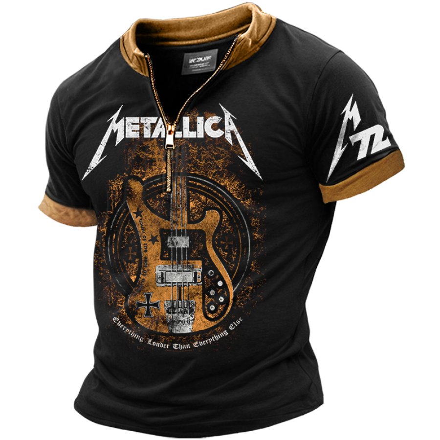 

Men's Retro Color Block Rock Band Zip Collar T-Shirt