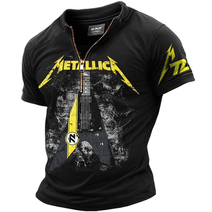 

Men's Retro Color Block Rock Band Zip Collar T-Shirt