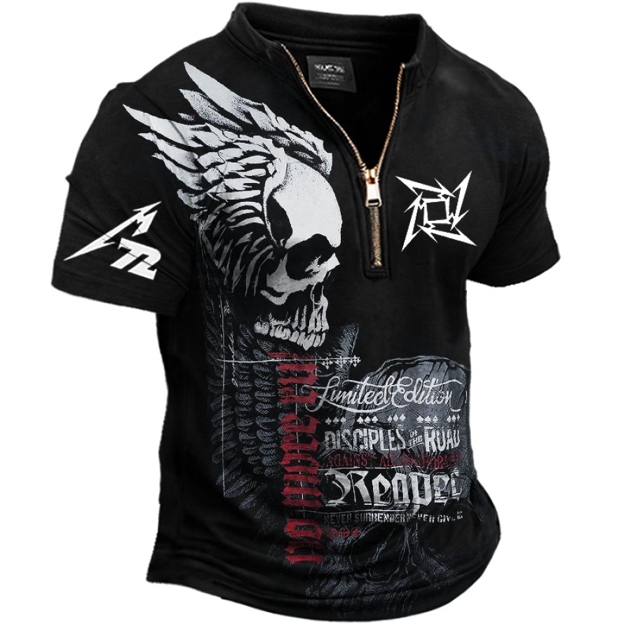 

Men's Retro World Tour Color Block Rock Band Zip Collar T-Shirt