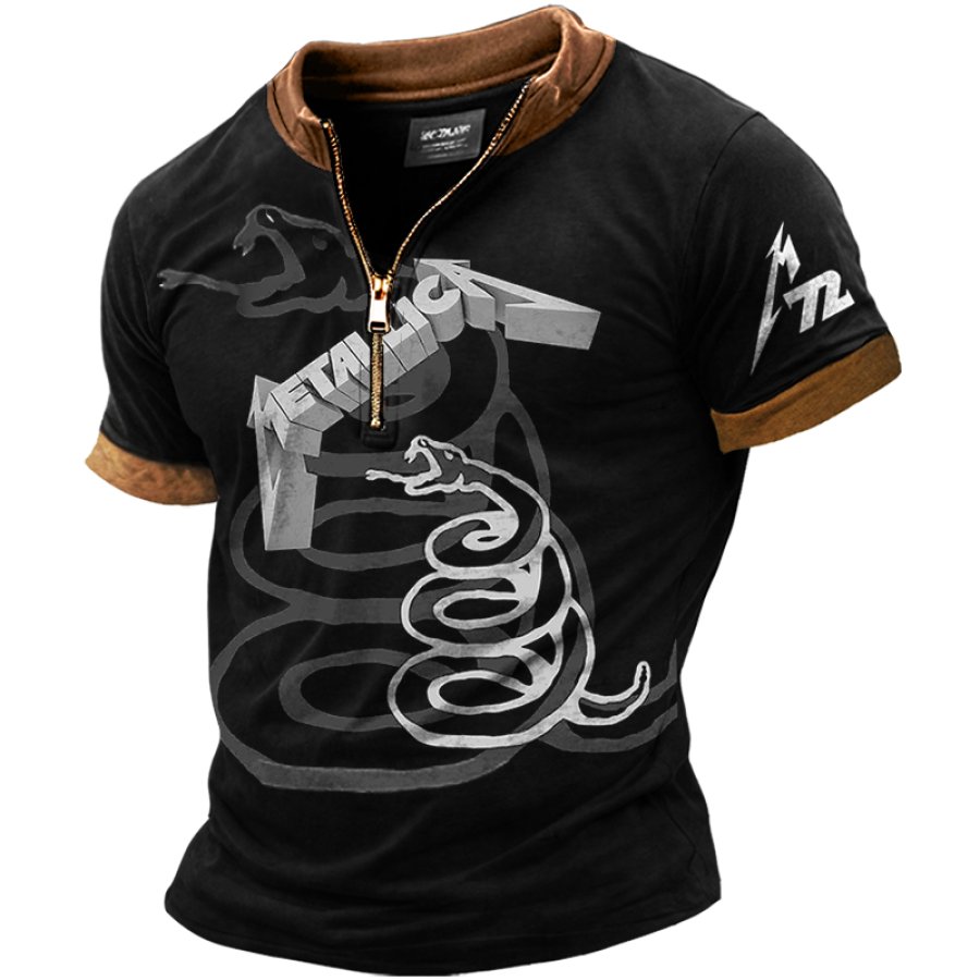 

Men's Retro Color Block Rock Band Zip Collar T-Shirt