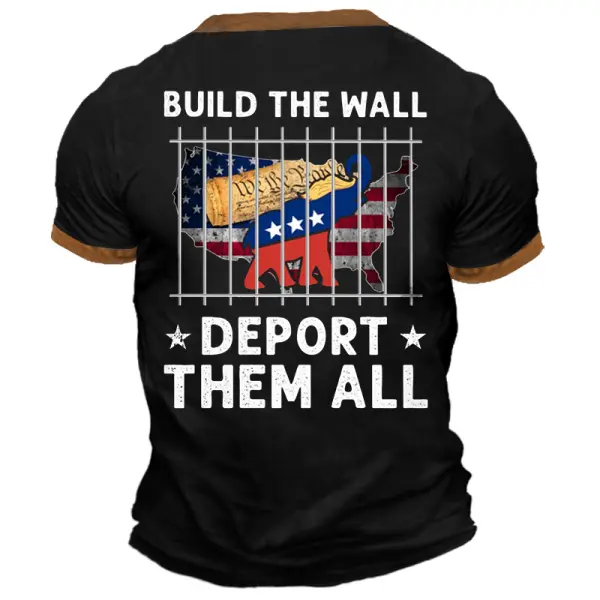 Men's Vintage Build The Wall Deport Them All American Flag Color Block Print Henley Short Sleeve T-Shirt Only $23.99 - Rabclub.com 