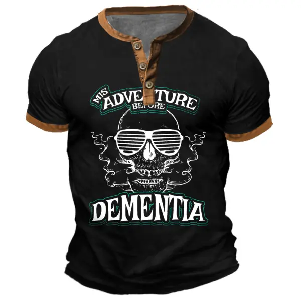 Men's Vintage Mis Adventure Before Dementia Color Block Print Henley Short Sleeve T-Shirt Only $23.99 - Elementnice.com 