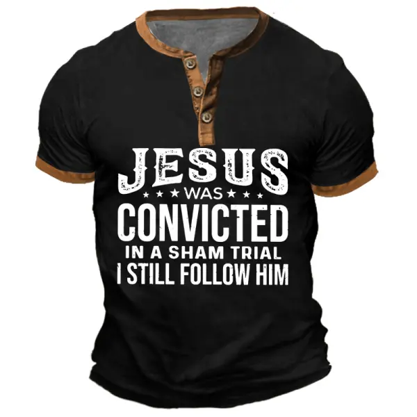 Men's Vintage Jesus I Still Follow Him Color Block Print Henley Short Sleeve T-Shirt Only $23.99 - Elementnice.com 