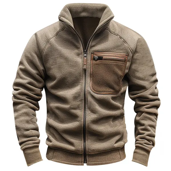 Men's Fleece Outdoor Retro Keep Warm Patchwork Contrasting Coat - Cotosen.com 