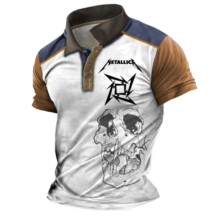 

Men's Vintage Rock Band Skull Contrast Short Sleeve Polo T-shirt