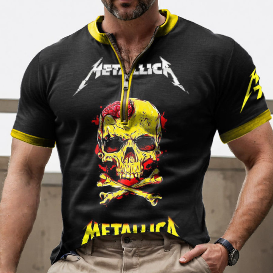

Men's Retro Skull Rock Band Color Block Zipper Henley Collar Short Sleeve T-shirt
