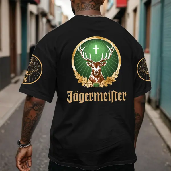 Men's Jägermeister Print Loose Short Sleeve Crew Neck Oversized T-Shirt - Cotosen.com 