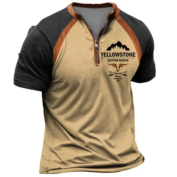 Men's Vintage Yellowstone Print Color Block Zipper Henley Collar Short Sleeve T-Shirt Only $23.99 - Elementnice.com 